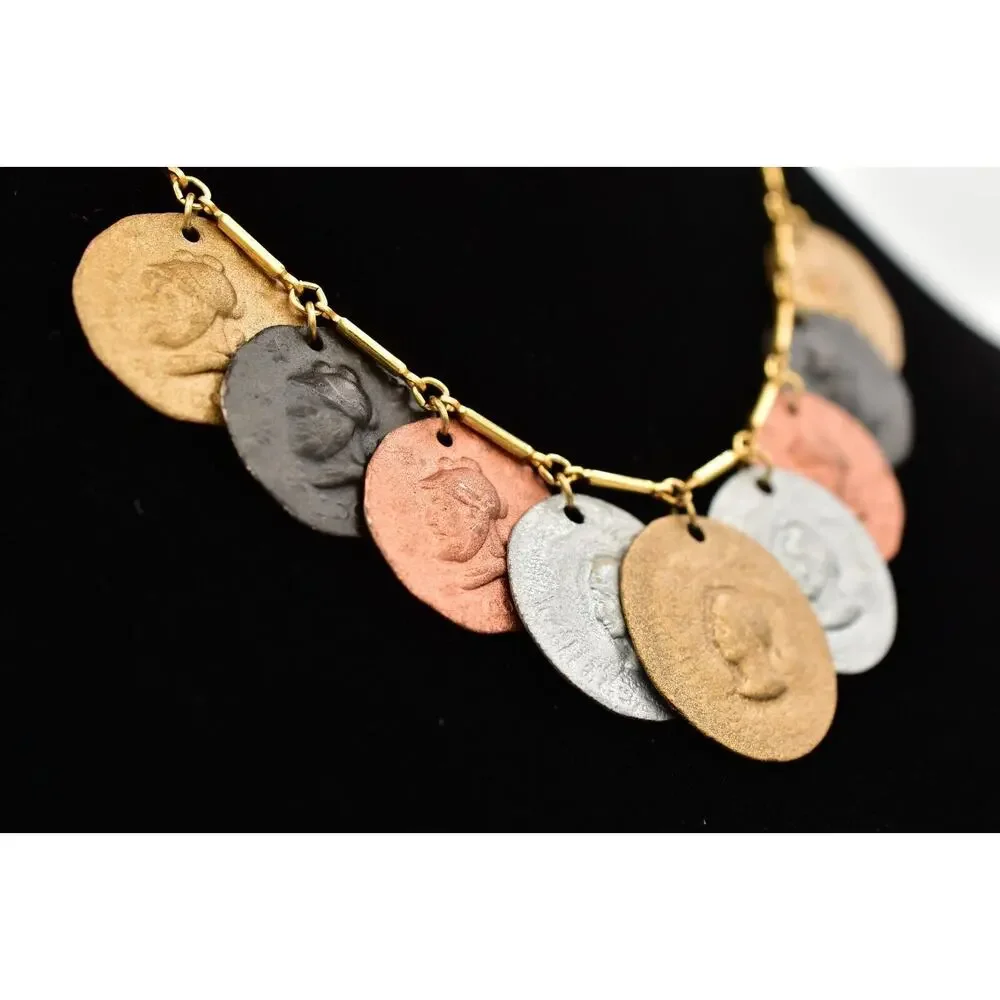 Vintage Coin Collar Necklace Multi-Tone Metal Dangle Silver Copper Gold BinA17
